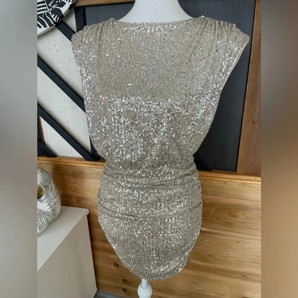 She and Sky dress New Arrival Sequin Shoulder Padded Rushed Dress - Picture 8 of 9